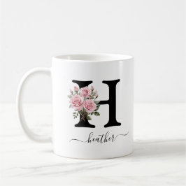 Caneca De Café H Monograma Floral Flor Rosa Rosas Rosa Inicial Mu