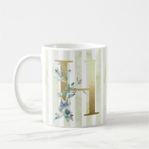 Caneca De Café H ouro inicial em faixas azuis e brancas