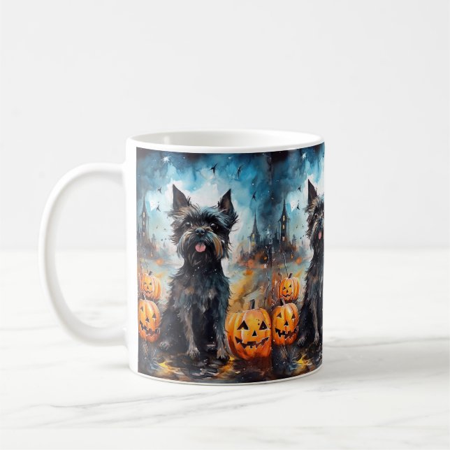 Caneca De Café Halloween Affenpinscher Com Pumpkins Assustado (Esquerda)