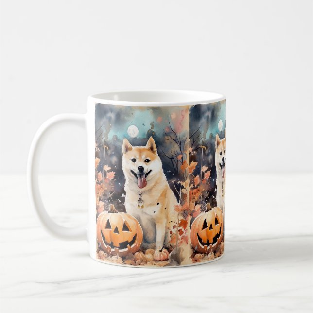 Caneca De Café Halloween Akita Com Pumpkins Assustado (Esquerda)