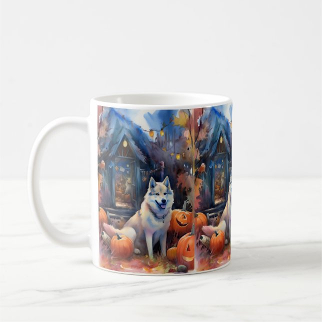Caneca De Café Halloween Alaskan Malamute Com Pumpkins Assustado (Esquerda)