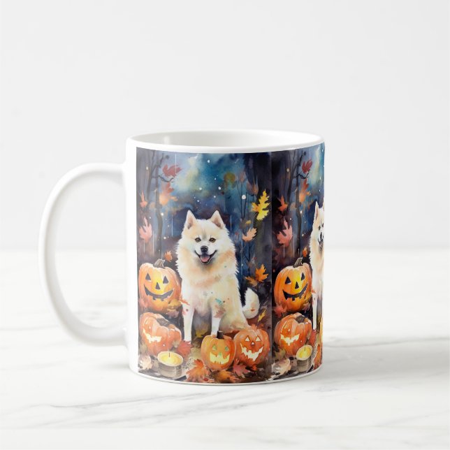 Caneca De Café Halloween American Akita Com Pumpkins Assustado (Esquerda)