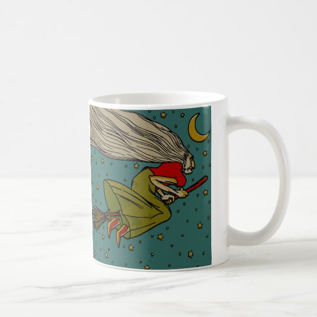 Caneca De Café Halloween Antigo, Bruxa Má Voadora em Vassoura (Direita)