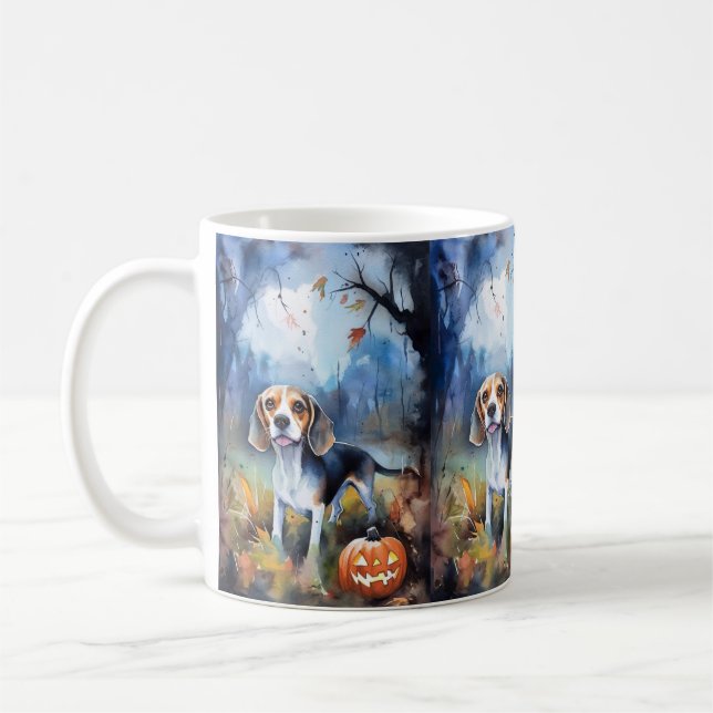 Caneca De Café Halloween Beagle Com Pumpkins Assustado (Esquerda)