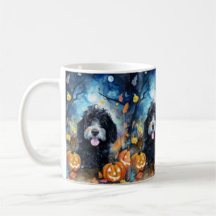 Caneca De Café Halloween Bernedoodle Com Pumpkins Assustado