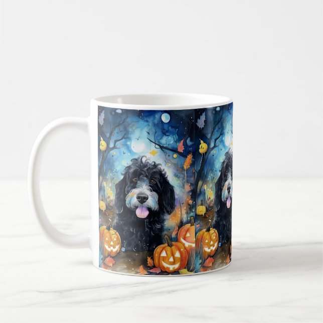 Caneca De Café Halloween Bernedoodle Com Pumpkins Assustado (Esquerda)