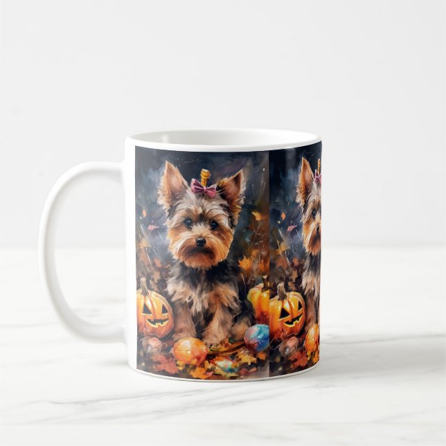 Caneca De Café Halloween Biewer Terrier Com Pumpkins Assustado (Esquerda)