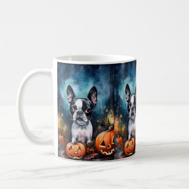 Caneca De Café Halloween Boston Terrier Com Pumpkins Assustado (Esquerda)