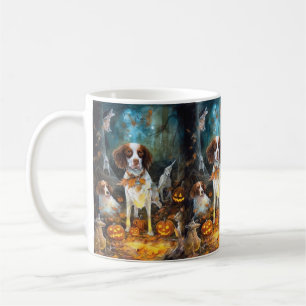 Caneca De Café Halloween Brittany Spaniel Com Pumpkins Assustado