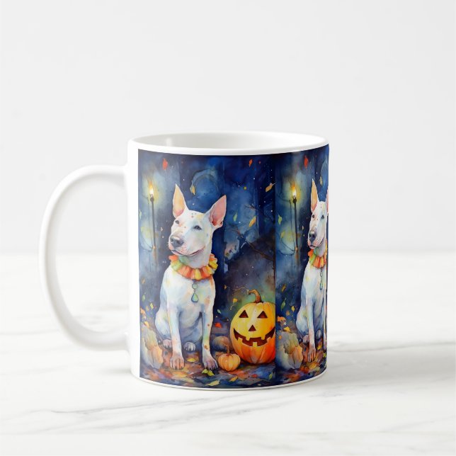 Caneca De Café Halloween Bull Terrier Com Pumpkins Assustado (Esquerda)
