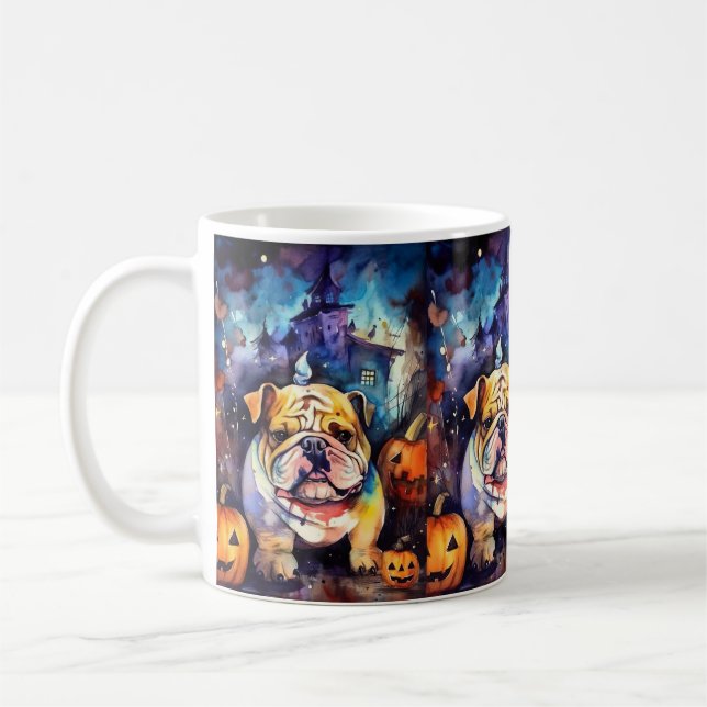 Caneca De Café Halloween Bulldog Com Pumpkins Assustado (Esquerda)