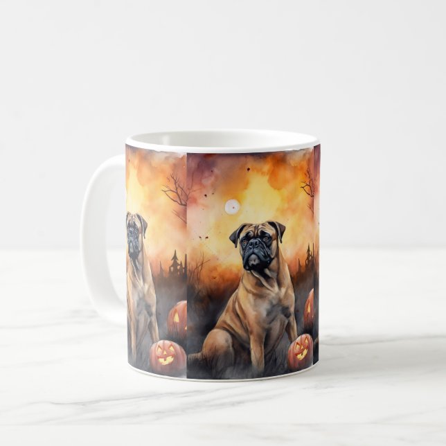 Caneca De Café Halloween Bullmastiff Com Pumpkins Assustado (Frente Esquerda)