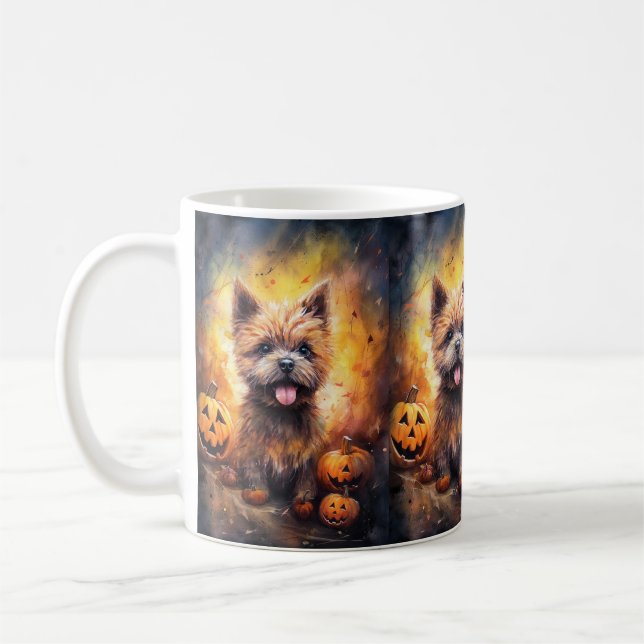Caneca De Café Halloween Cairn Terrier Com Pumpkins Assustado (Esquerda)