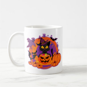 Caneca De Café Halloween Cat E Pumpkins