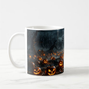 Caneca De Café Halloween com Árvores Sinistras e Jack O Lanterns