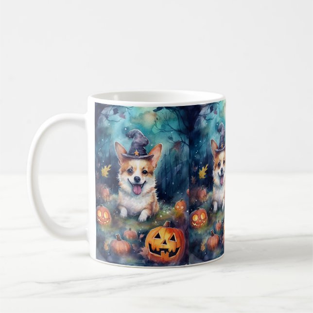 Caneca De Café Halloween Corgi Com Pumpkins Assustado (Esquerda)