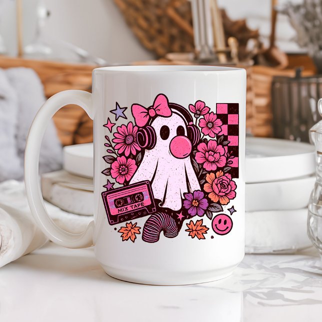Caneca De Café Halloween de Bublegum Aestético Retro Ghost Girl (This ghost girl design mixes 90s aesthetic nostalgia with playful Halloween charm.)
