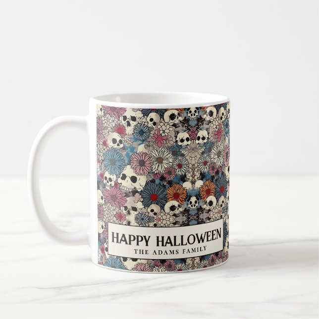 Caneca De Café Halloween de crânios e flores (Esquerda)