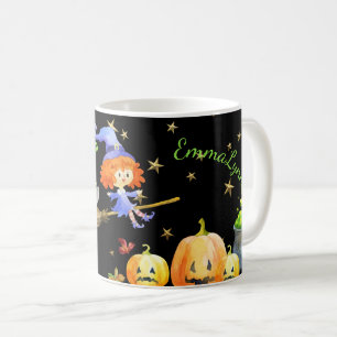 Caneca De Café Halloween Diversão Roxo Bruxa Voando Vassoura Verd