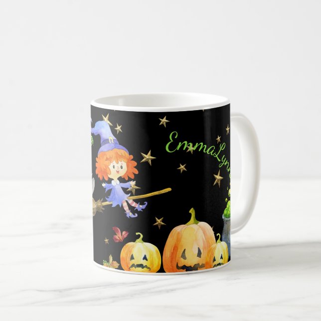 Caneca De Café Halloween Diversão Roxo Bruxa Voando Vassoura Verd (Frente Esquerda)