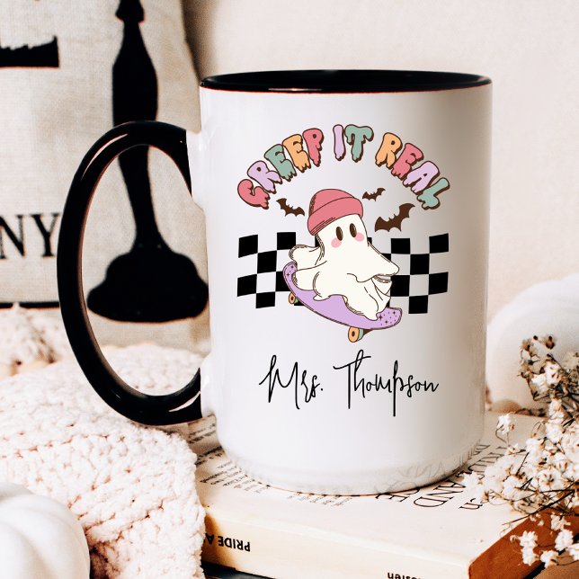 Caneca De Café Halloween Do Fantasma De Skateboard Real Do Creme  (Criador carregado)