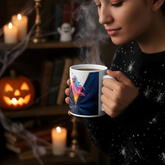 Caneca De Café Halloween Ghost Através De Um Design De Zipper (Criador carregado)