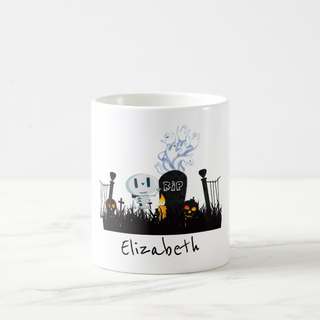 Caneca De Café Halloween Graveyard Spooky Esqueleto Bonito e Fant (Centro)