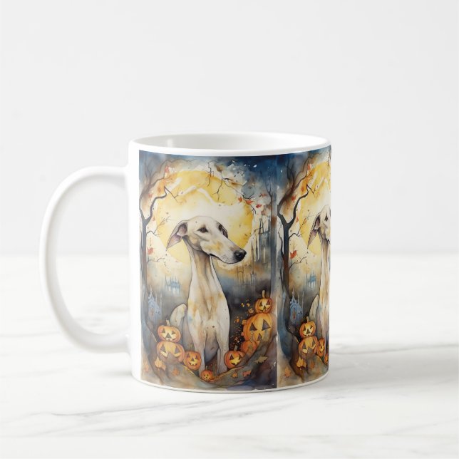 Caneca De Café Halloween Greyhound Com Pumpkins Assustado (Esquerda)