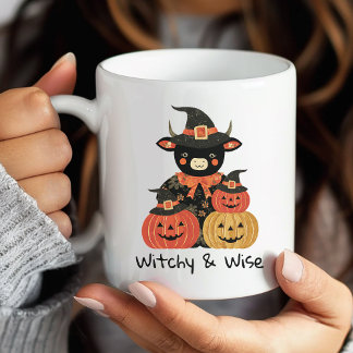 Caneca De Café Halloween Highland Cow Witch & Pumpkins Mug