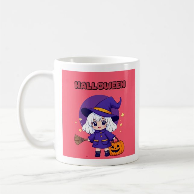 Caneca De Café Halloween Kawaii Witch Mug – White Hair Broom 11oz (Esquerda)
