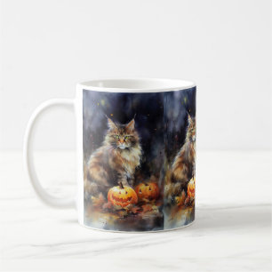 Caneca De Café Halloween Maine Coon Cat Com Pumpkins Assustado