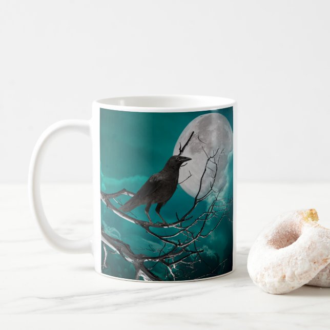 Caneca De Café Halloween Mug, O Raven em Verde (Com Donut)