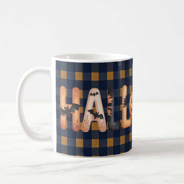 Caneca De Café Halloween Plaid Pumpkin Typography (Esquerda)