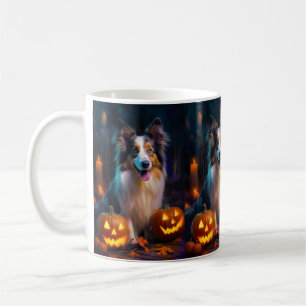 Caneca De Café Halloween Shetland Sheepdog Com Pumpkins Assustado