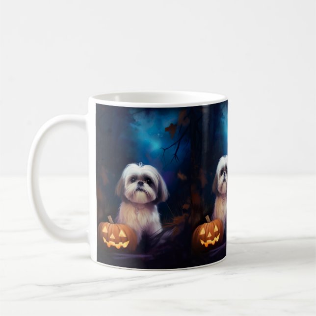 Caneca De Café Halloween Shih Tzu Com Pumpkins Assustado (Esquerda)