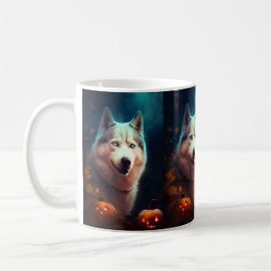 Caneca De Café Halloween Siberiano Husky Com Abóboras Assustador 