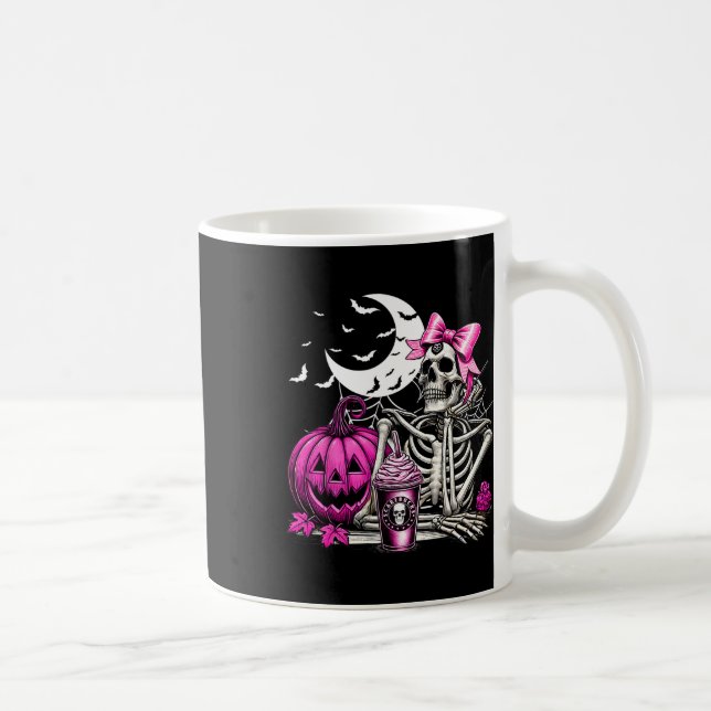 Caneca De Café Halloween Skeleton Bebendo Café Coquetel Rosa B (Direita)