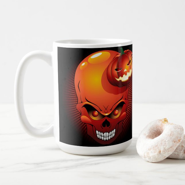 Caneca De Café Halloween Skull e Pumpkin (Com Donut)