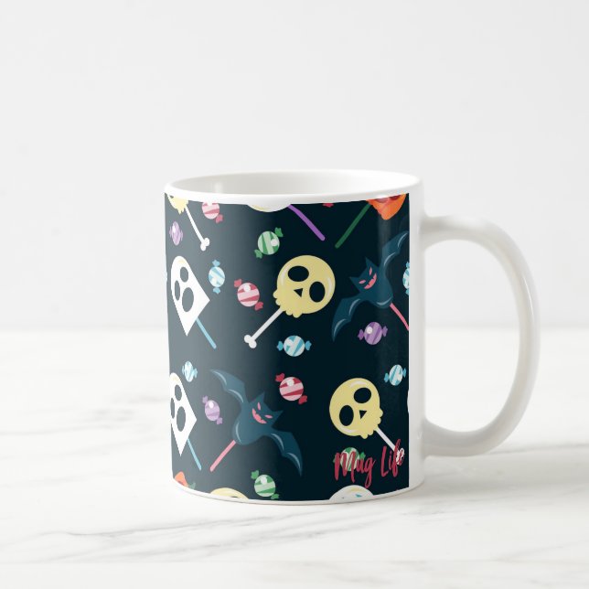 Caneca De Café Halloween Skulls & Ghosts Candy Pattern Mug (Direita)
