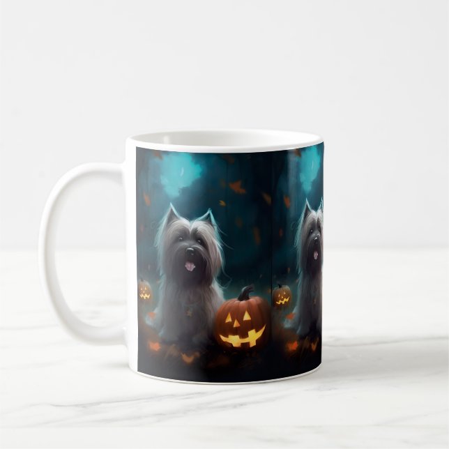 Caneca De Café Halloween Skye Terrier Com Pumpkins Assustado (Esquerda)