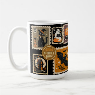 Caneca De Café Halloween Spooky Time Postal Stamps Ghosts Bat Cat