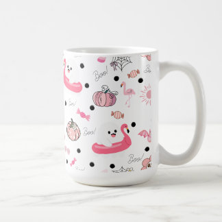 Caneca De Café Halloween Tropical Fofo - Fantasmas e Flamingos