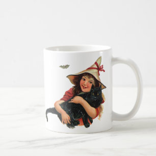 Caneca De Café Halloween Vintage, Bruxa Menina com Gato Preto