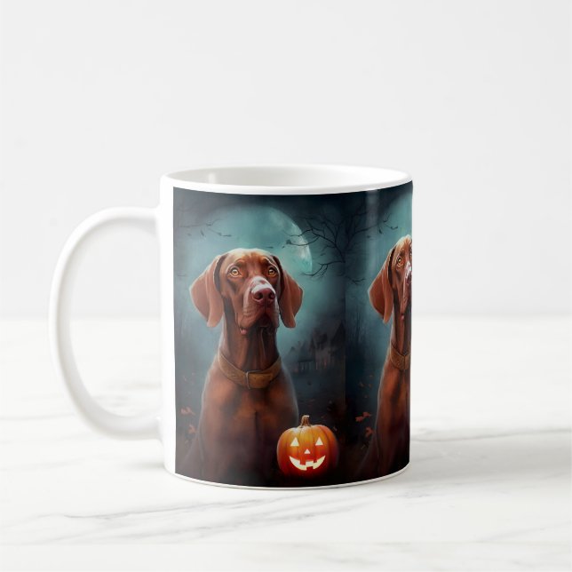 Caneca De Café Halloween Vizsla Com Pumpkins Assustado (Esquerda)