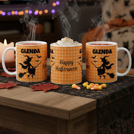 Caneca De Café Halloween Witch & Bats Orange Plaid Custom Name