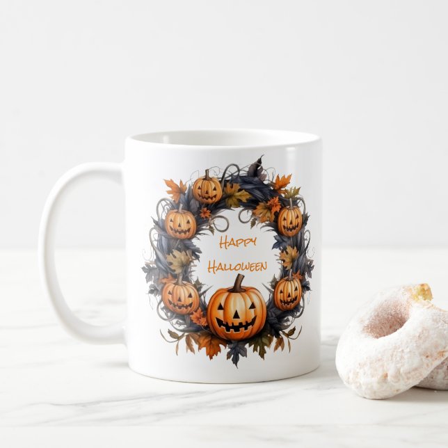Caneca De Café Halloween Wreath Happy Halloween (Com Donut)