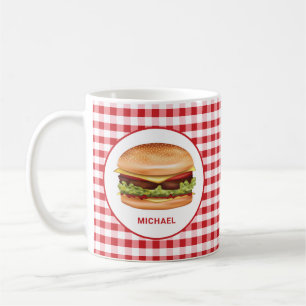 Caneca De Café Hamburger Sobre Xadrez Vermelho Com Texto Personal