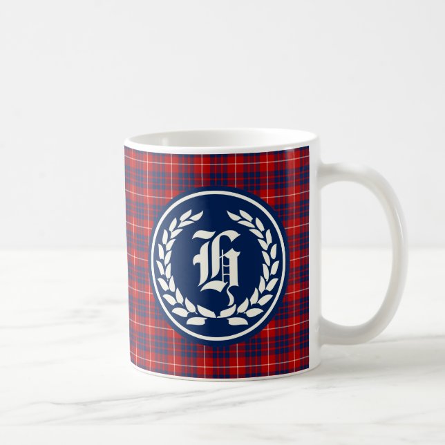 Caneca De Café Hamilton Clan Red e Royal Blue Tartan Monogramas (Direita)