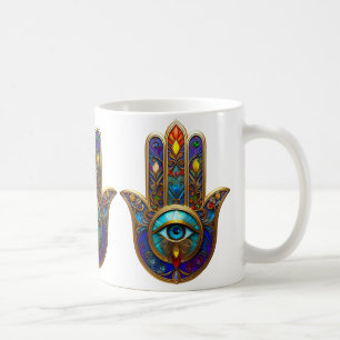 Caneca De Café Hamsa Colorido Dourado Olho Turquesa Safira Tercei