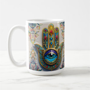 Caneca De Café Hamsa do Terceiro Olho Azul-Verde com Filigrana Co
